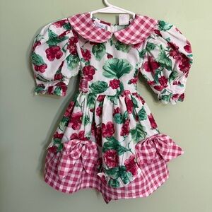 Little Precious Floral and Gingham Puff Sleeve Dress bows vintage size 3T girls